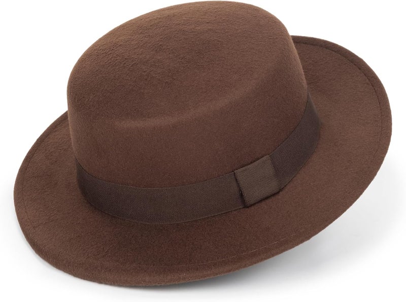 Mawjom Wide-Brim-Felt-Panama-Fedora-Hat with Flat-Top-Pork-Pie Cap for Women Men (Size:M) - Image 1